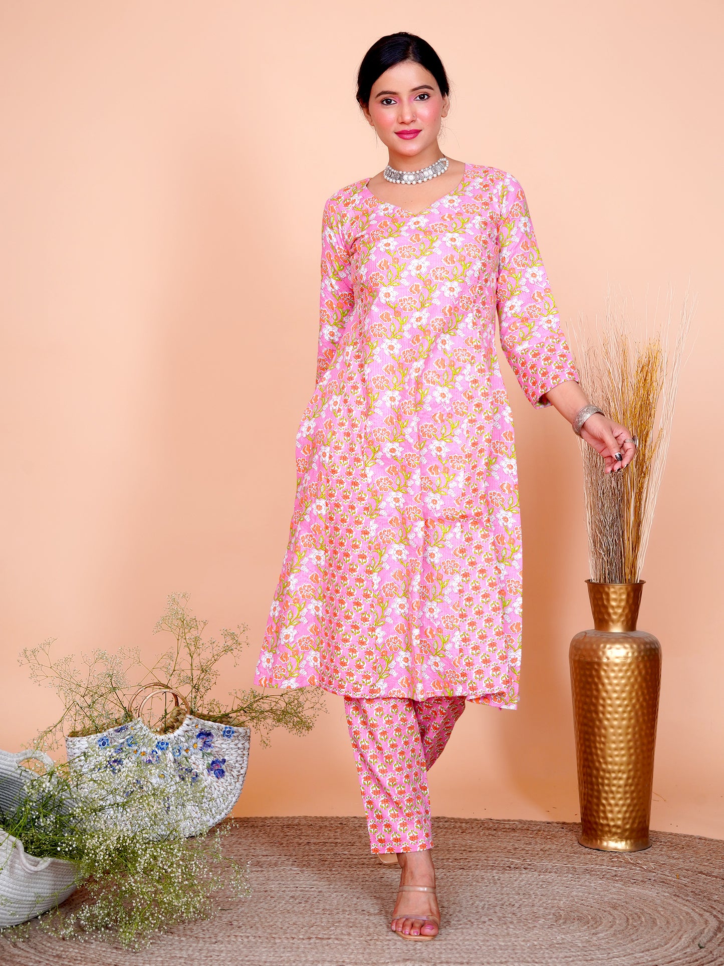 Kantha Embroidered Pink Floral A-Line Kurta Set