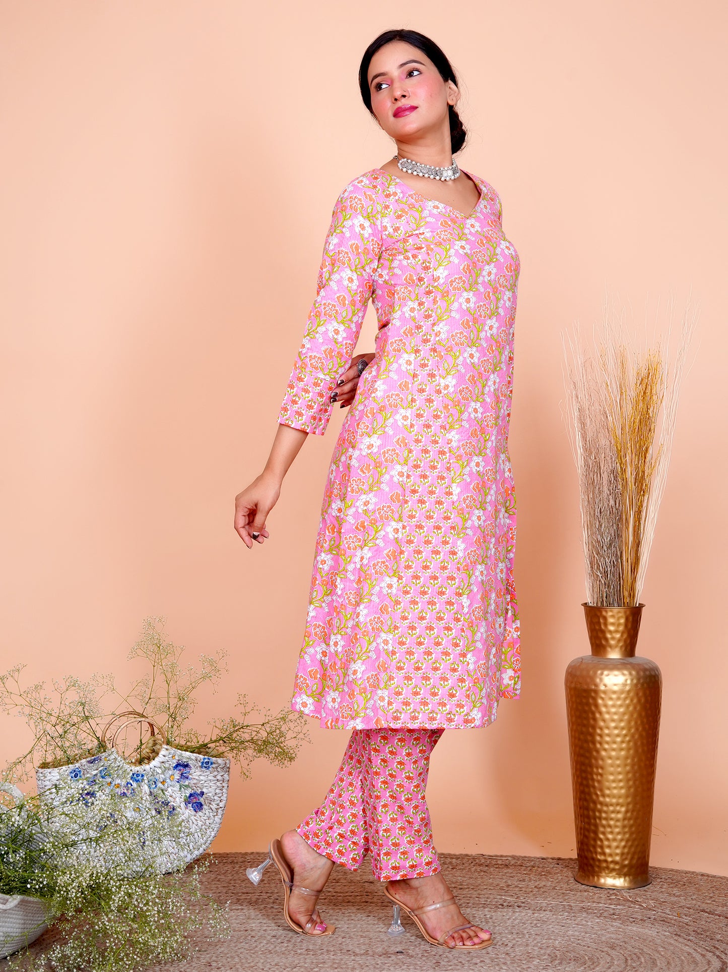 Kantha Embroidered Pink Floral A-Line Kurta Set