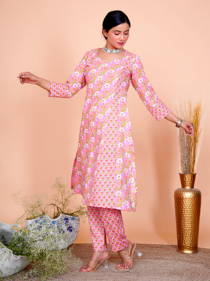 Kantha Embroidered Pink Floral A-Line Kurta Set