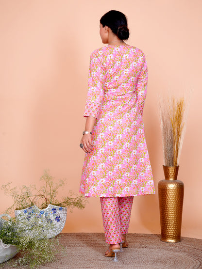 Kantha Embroidered Pink Floral A-Line Kurta Set