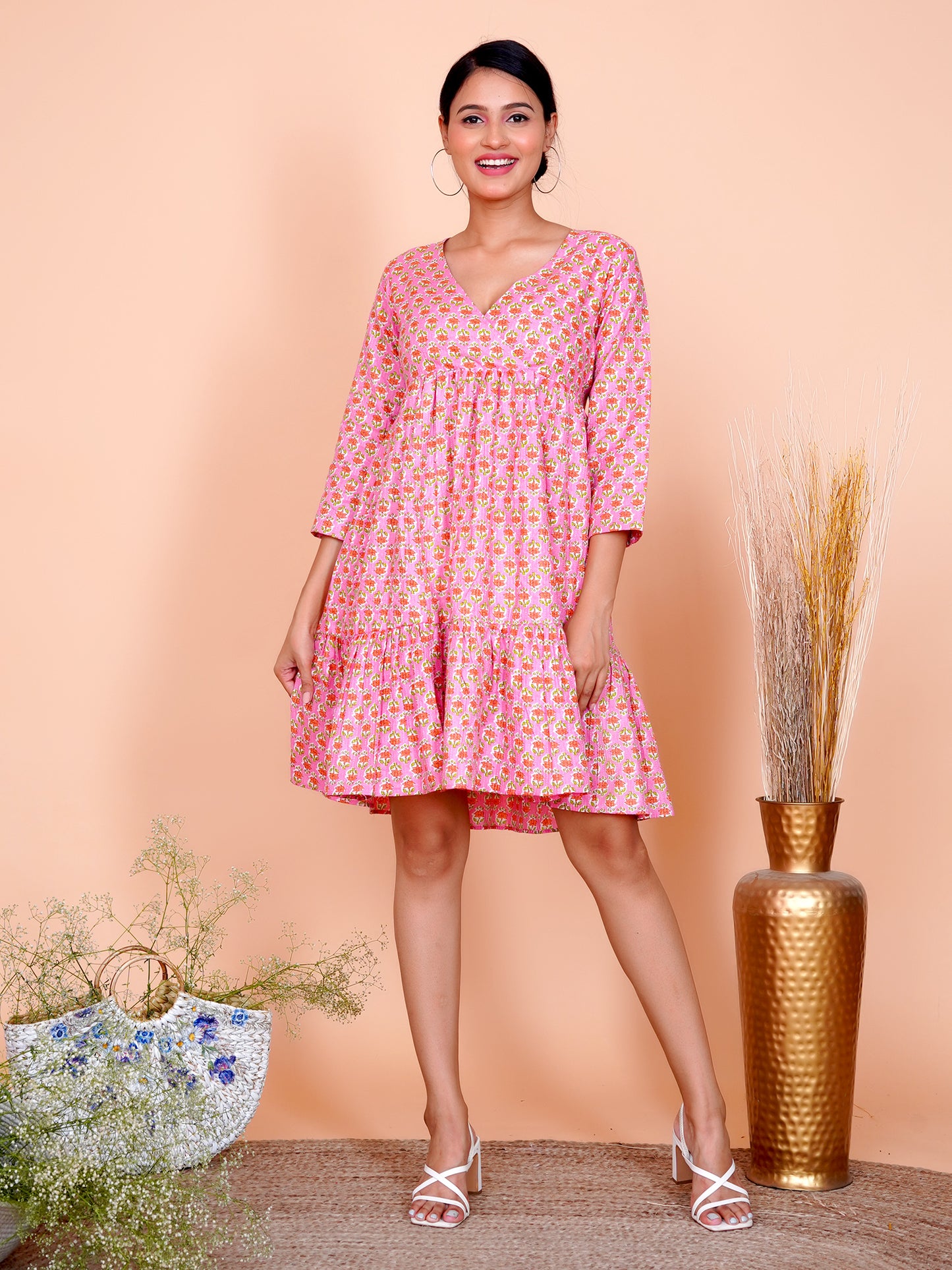 Kantha Embroidered Pink Buti Layered Dress