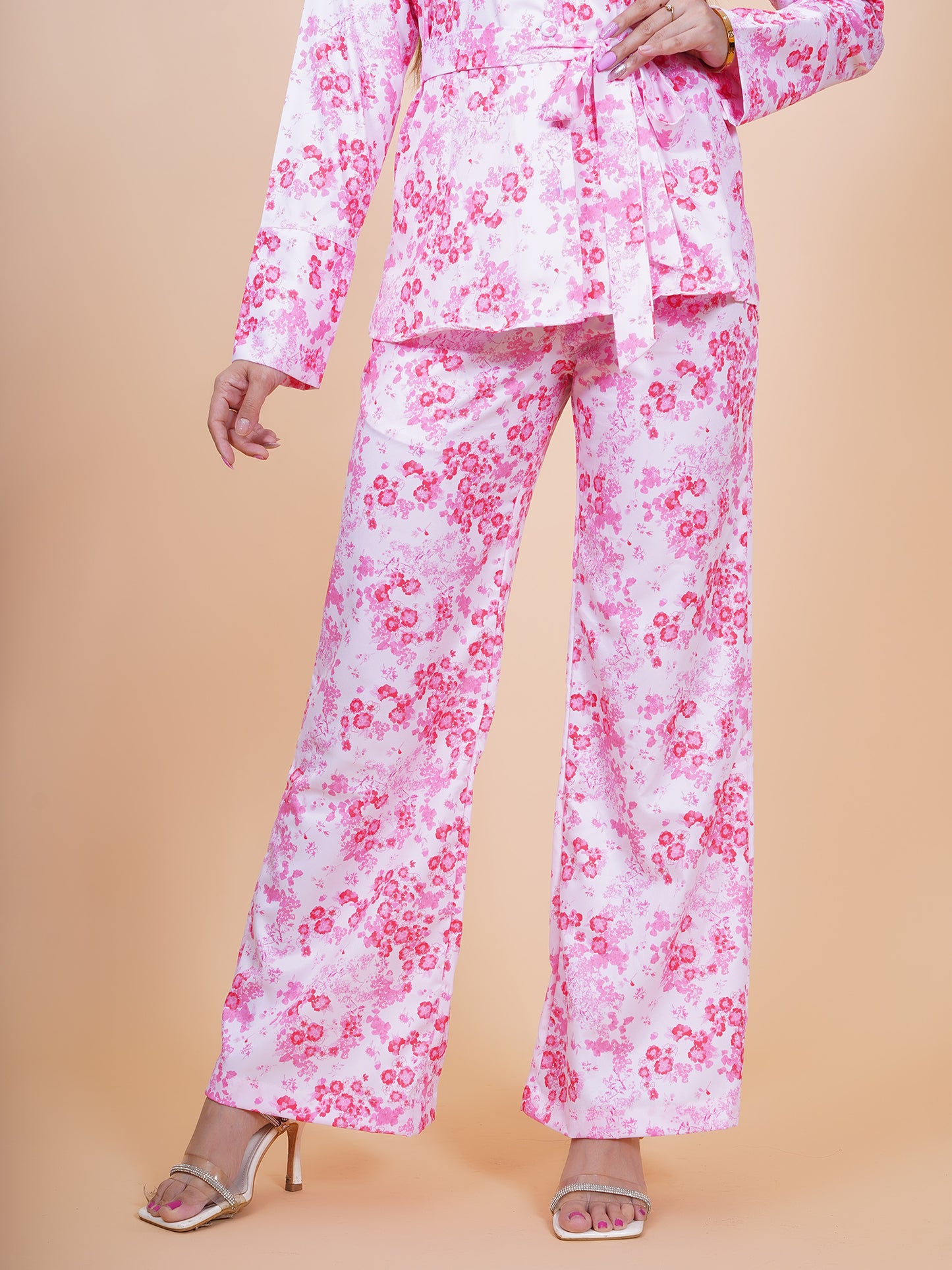 White & Pink Floral Bell Bottom Pant