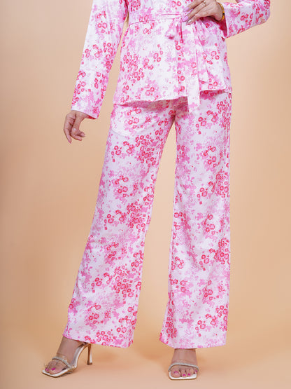 White & Pink Floral Bell Bottom Pant