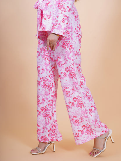 White & Pink Floral Bell Bottom Pant