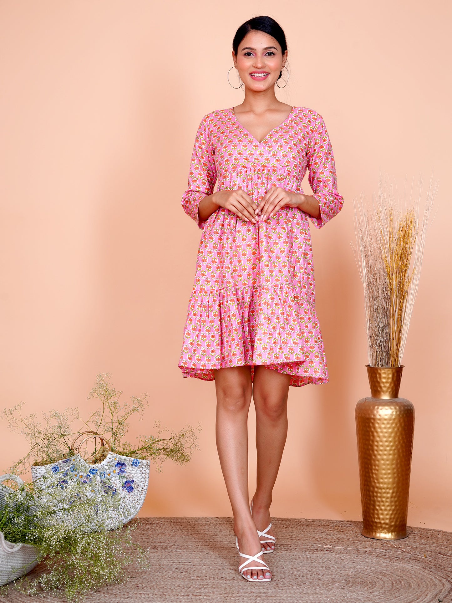 Kantha Embroidered Pink Buti Layered Dress