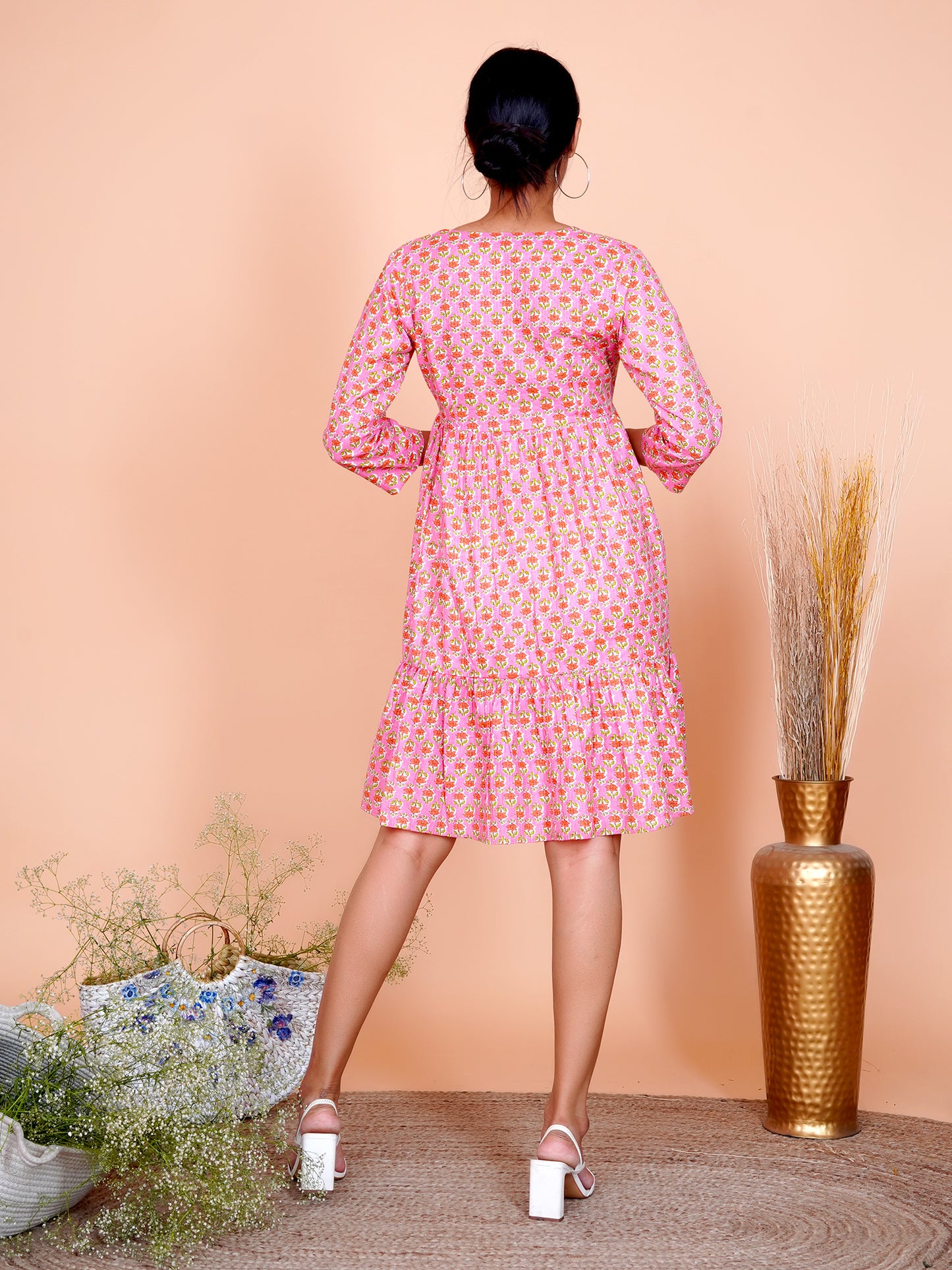 Kantha Embroidered Pink Buti Layered Dress