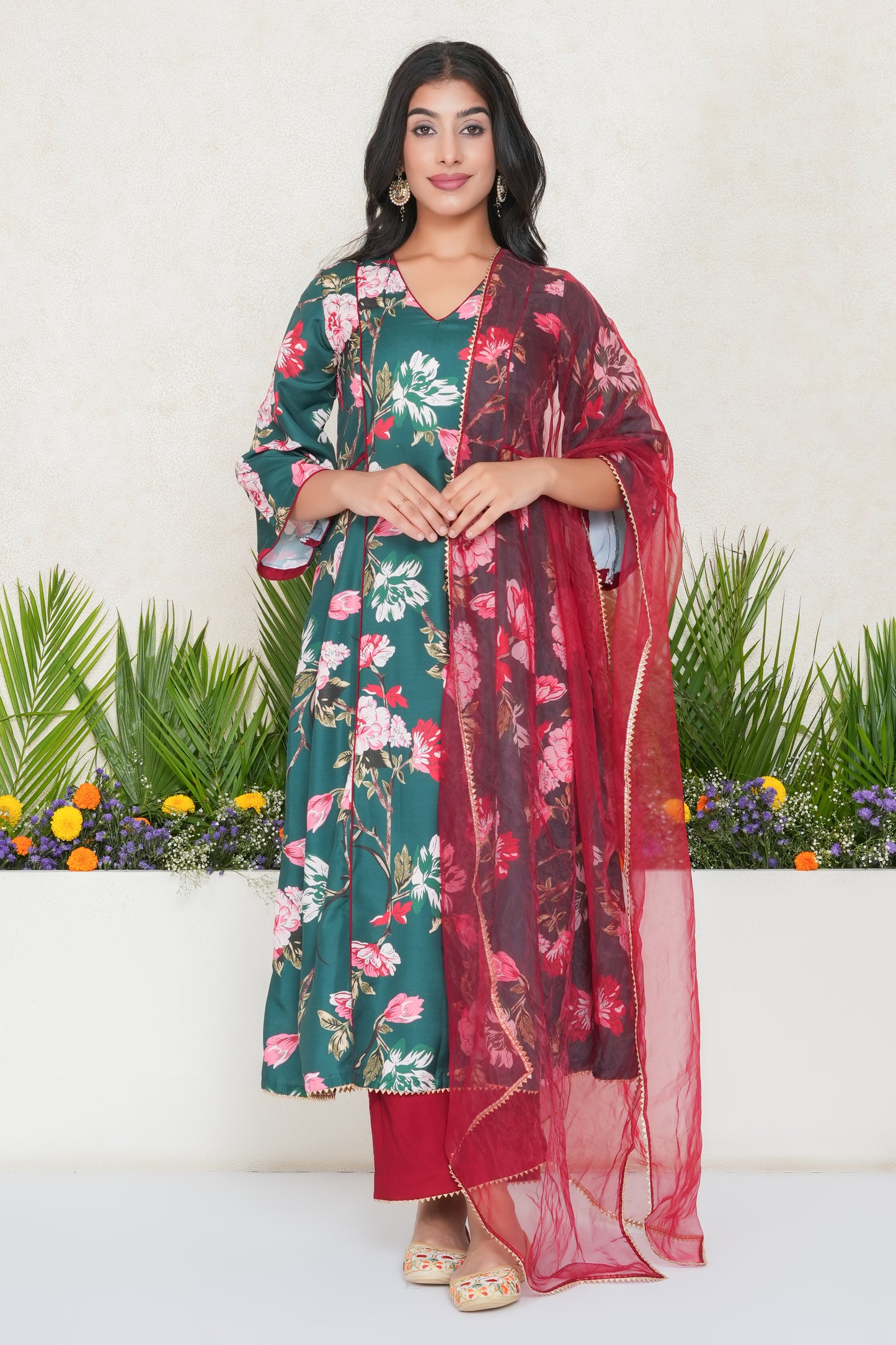 Green Floral Printed Kali Kurta Set