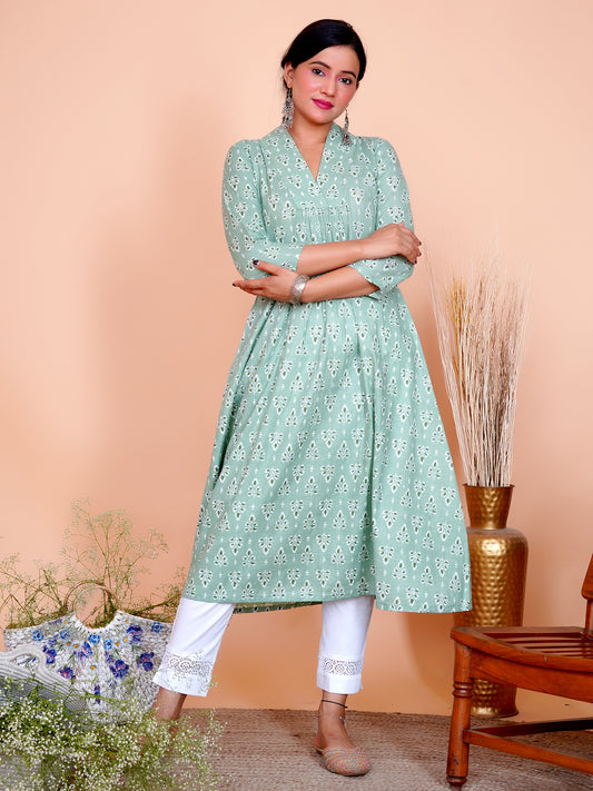 Pista Floral Buti Printed Cotton A-Line Kurta