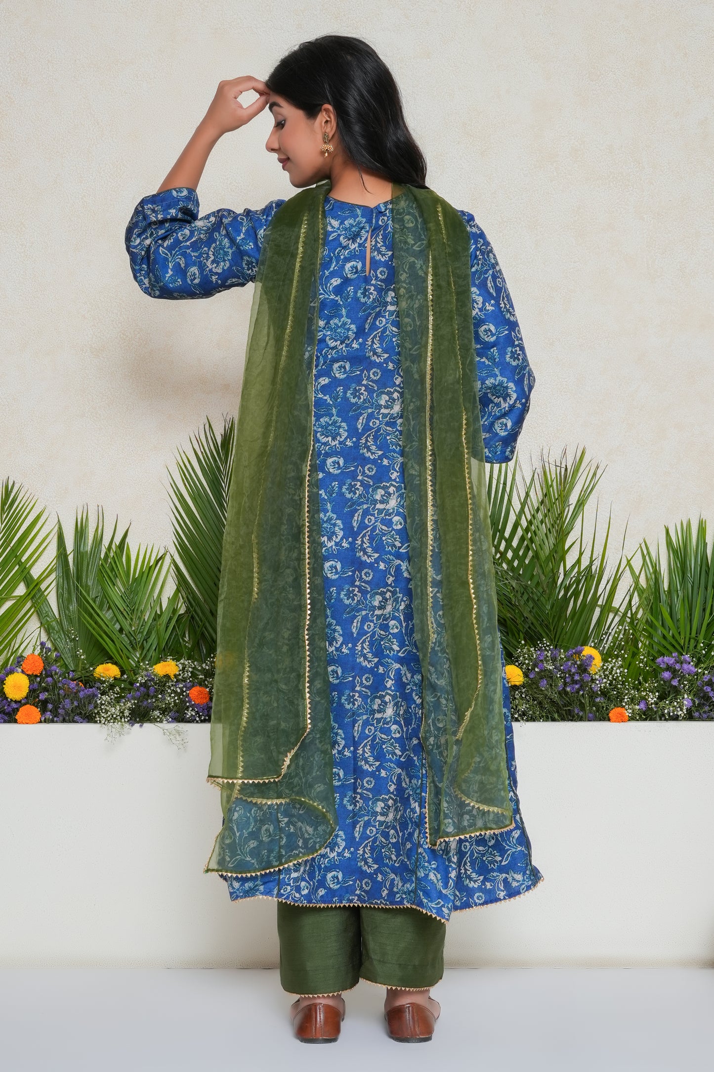 Blue Floral Printed Kali Kurta Set