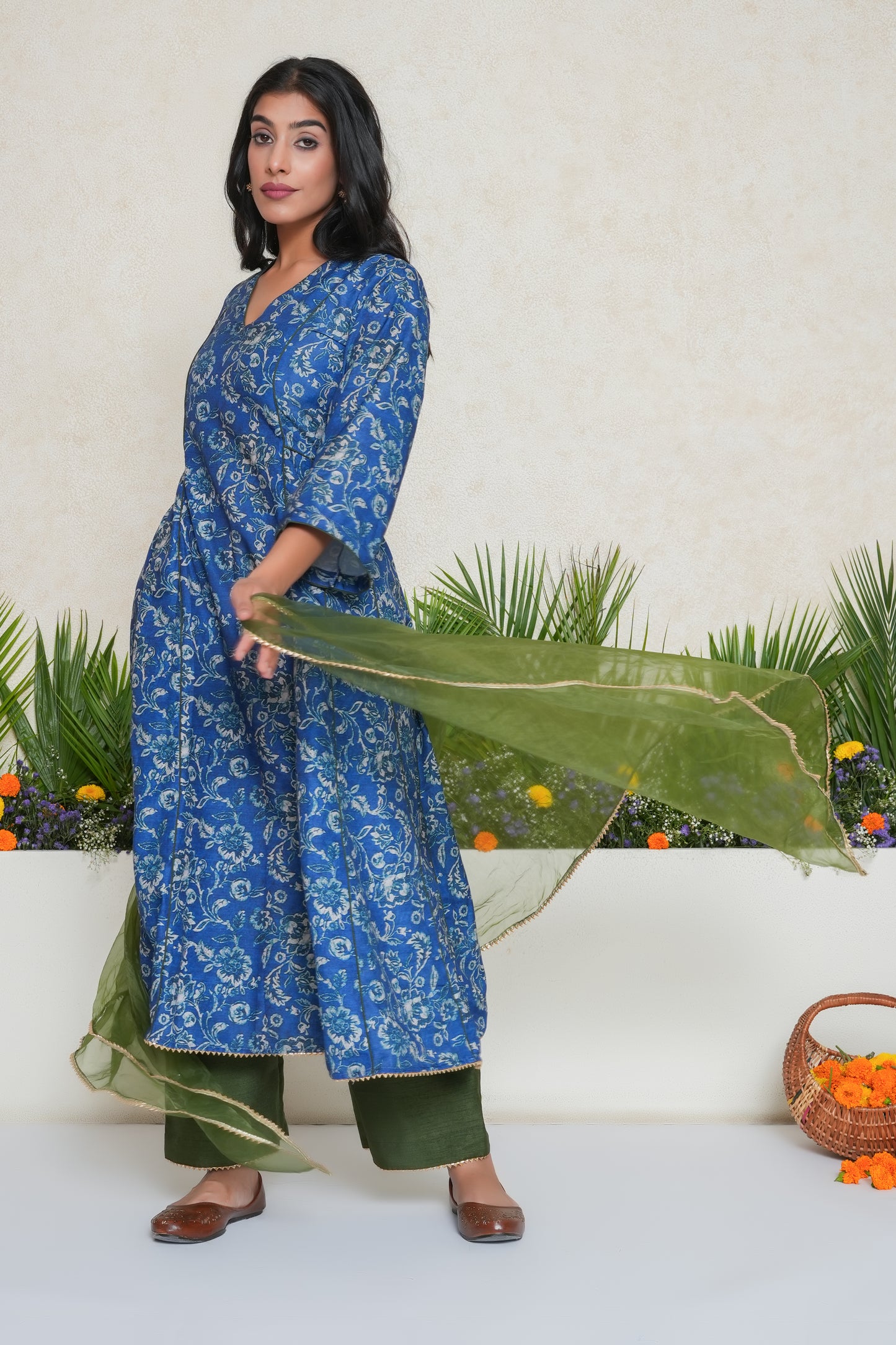 Blue Floral Printed Kali Kurta Set