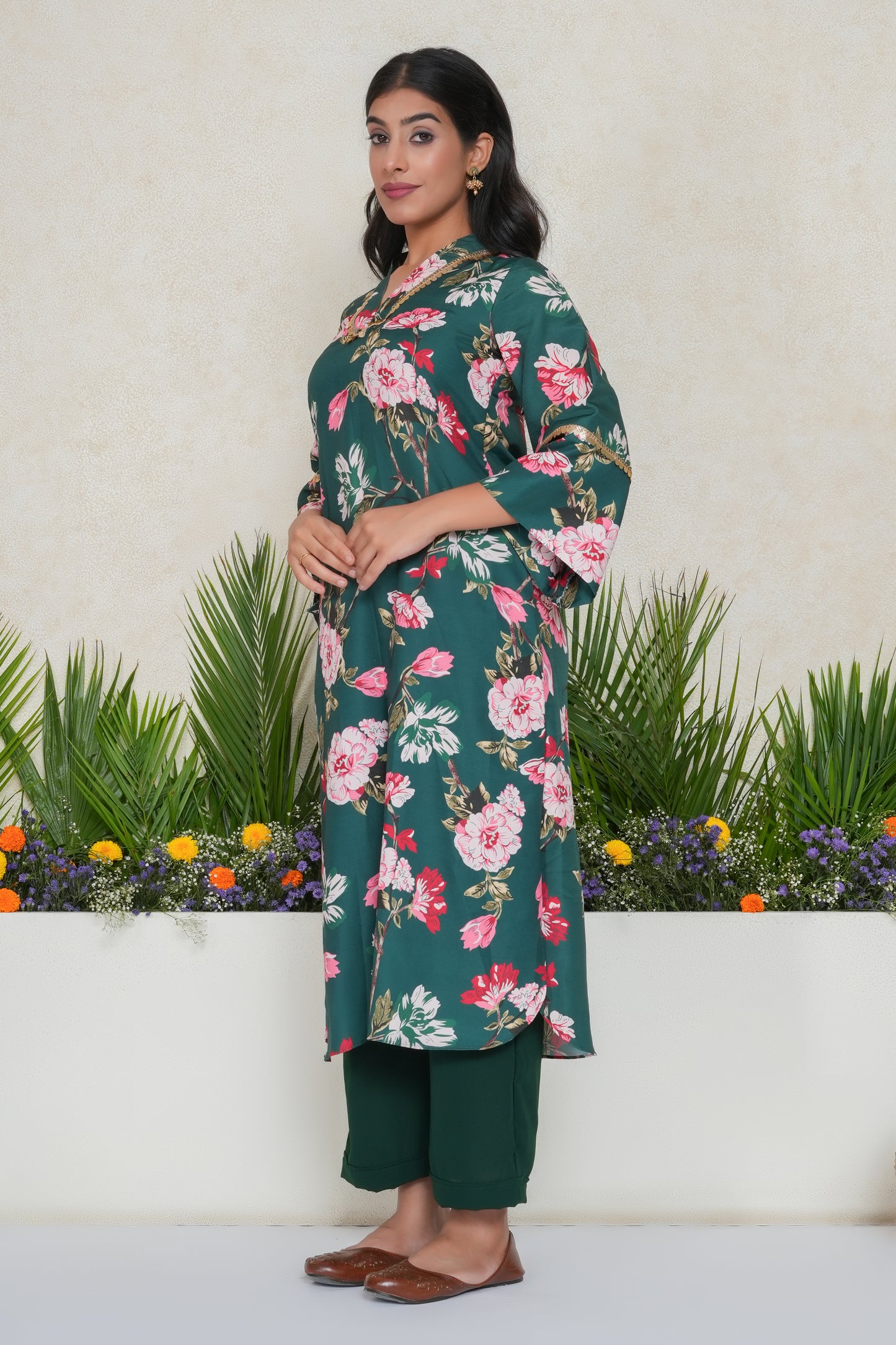 Green Floral Embellished Kurta with Palazzo