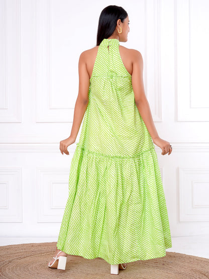 Green Leheriya Halter Neck Dress