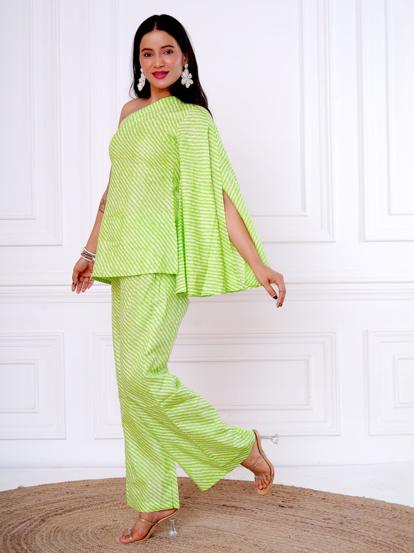 Green Leheriya One Shoulder Tunic with Straight Pants