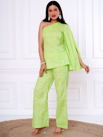 Green Leheriya One Shoulder Tunic with Straight Pants