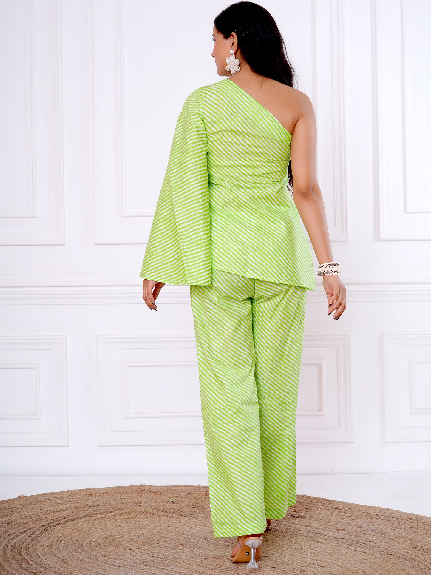 Green Leheriya One Shoulder Tunic with Straight Pants