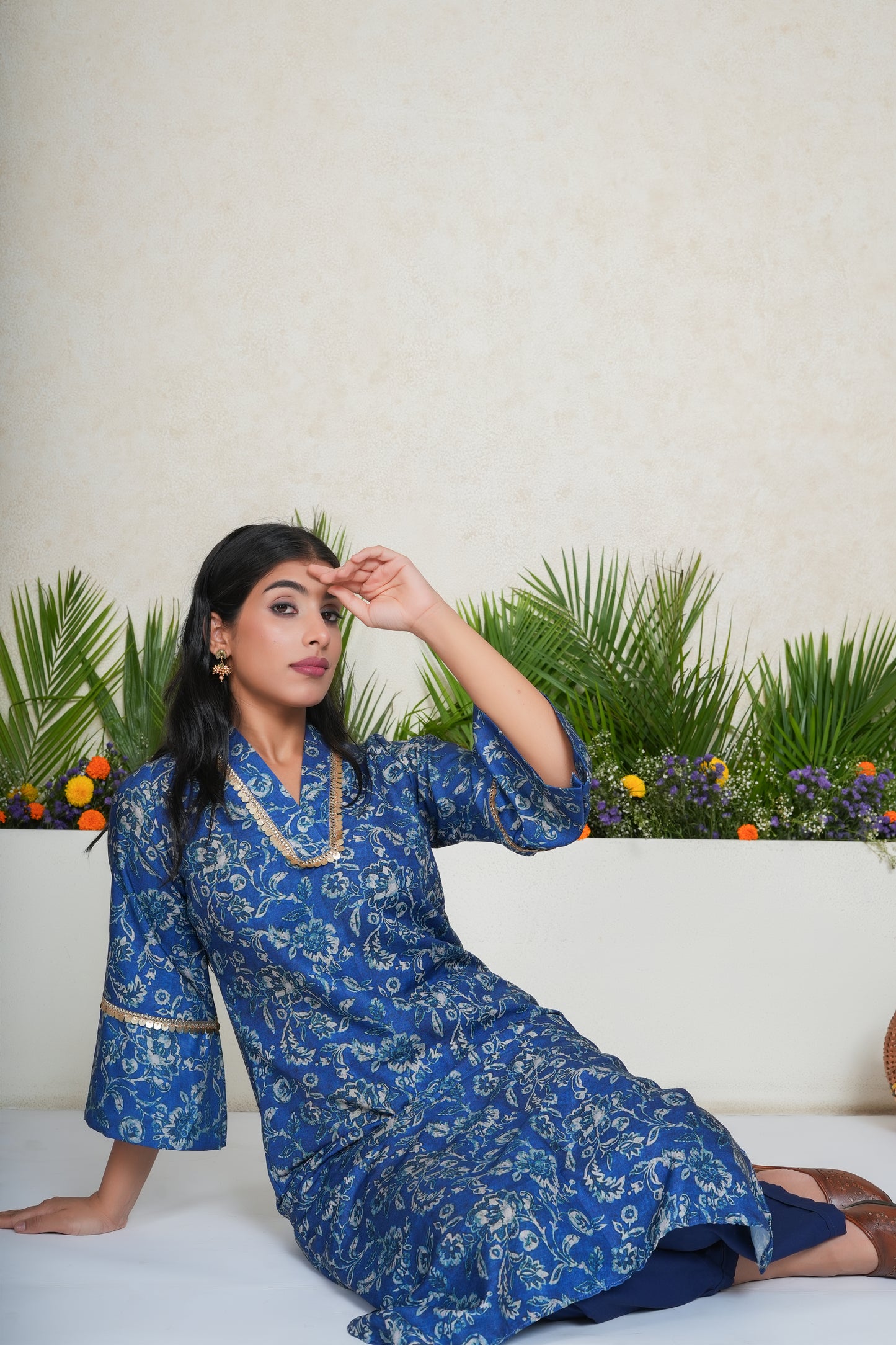 Blue Floral Embellished Kurta with Palazzo