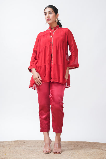 Red Embellished Tiered Kurta with Pants