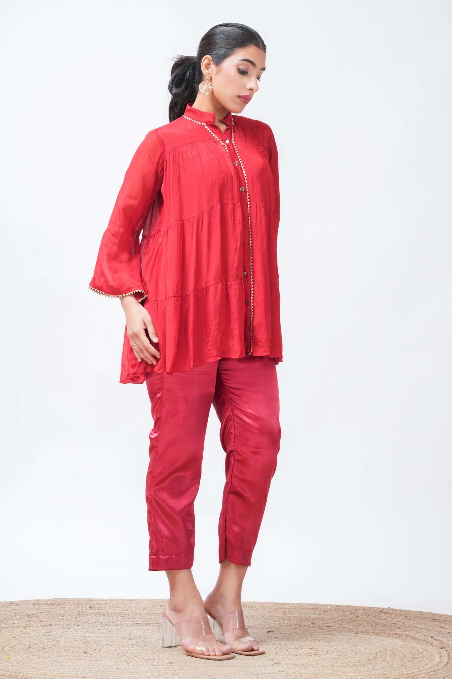 Red Embellished Tiered Kurta with Pants