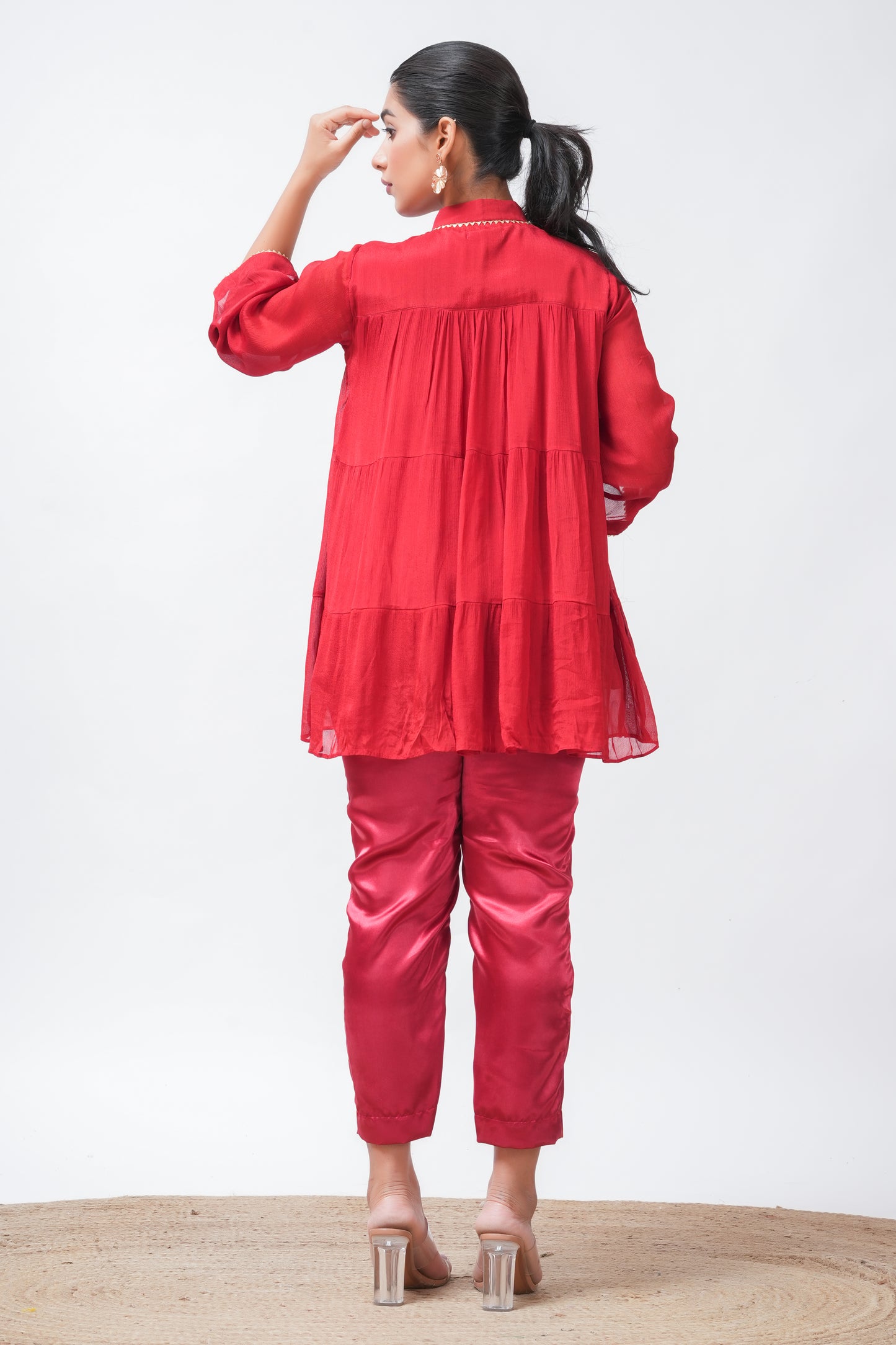 Red Embellished Tiered Kurta with Pants