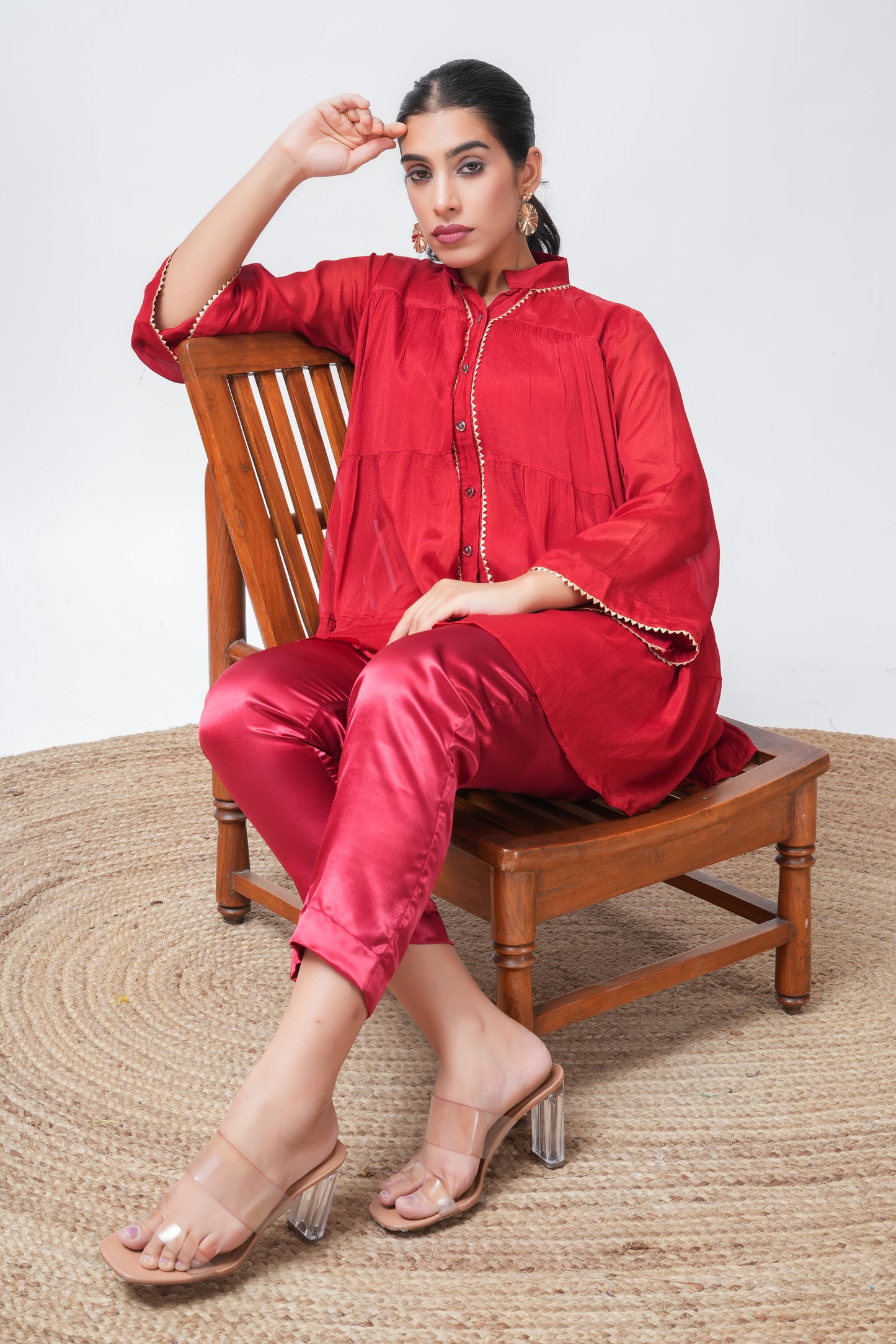 Red Embellished Tiered Kurta with Pants