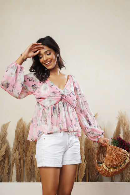 Pink Floral Twisted Knot Top