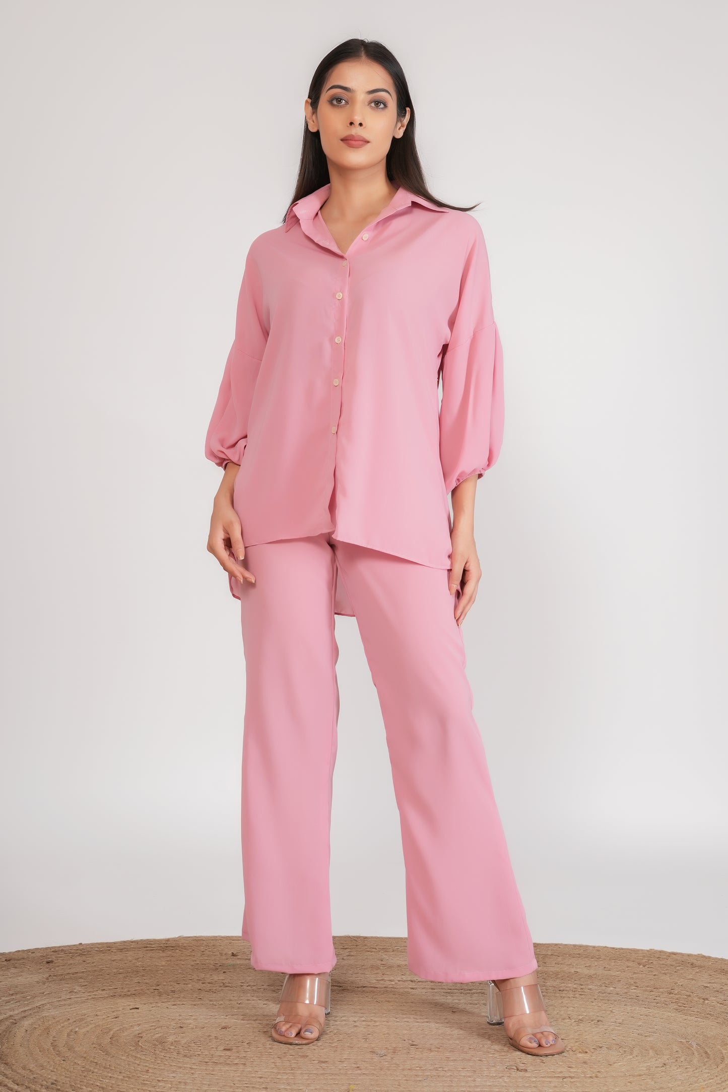 Pink Georgette Loose Fitted Shirt with Pants