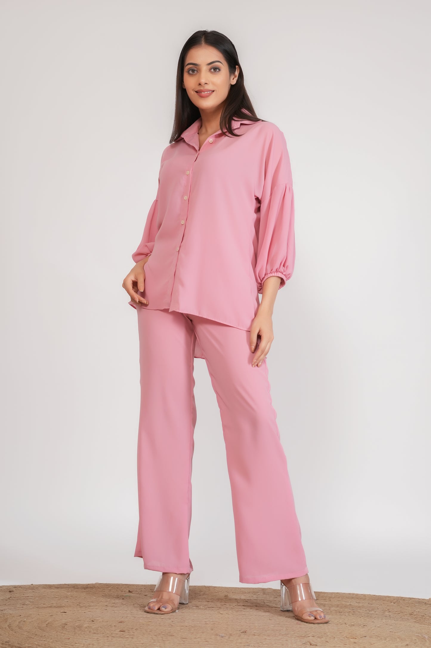 Pink Georgette Loose Fitted Shirt with Pants