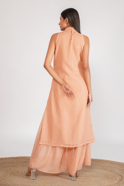 Peach Georgette Lurex Halter Neck Kurta with Sharara