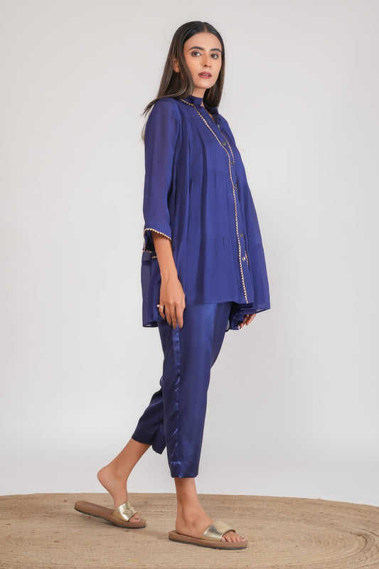 Blue Embellished Tiered Kurta with Pants