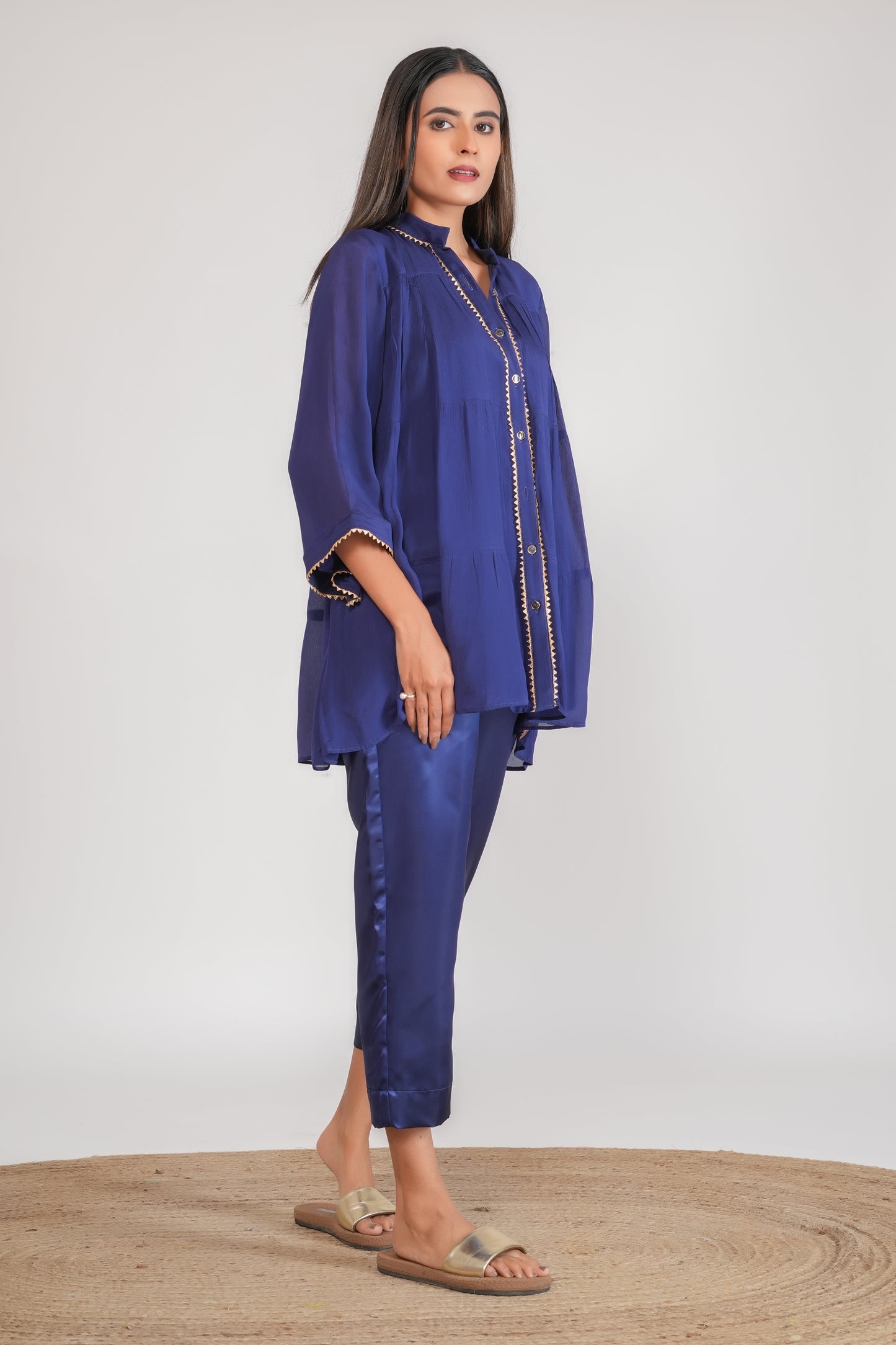 Blue Embellished Tiered Kurta with Pants