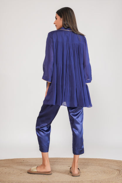 Blue Embellished Tiered Kurta with Pants