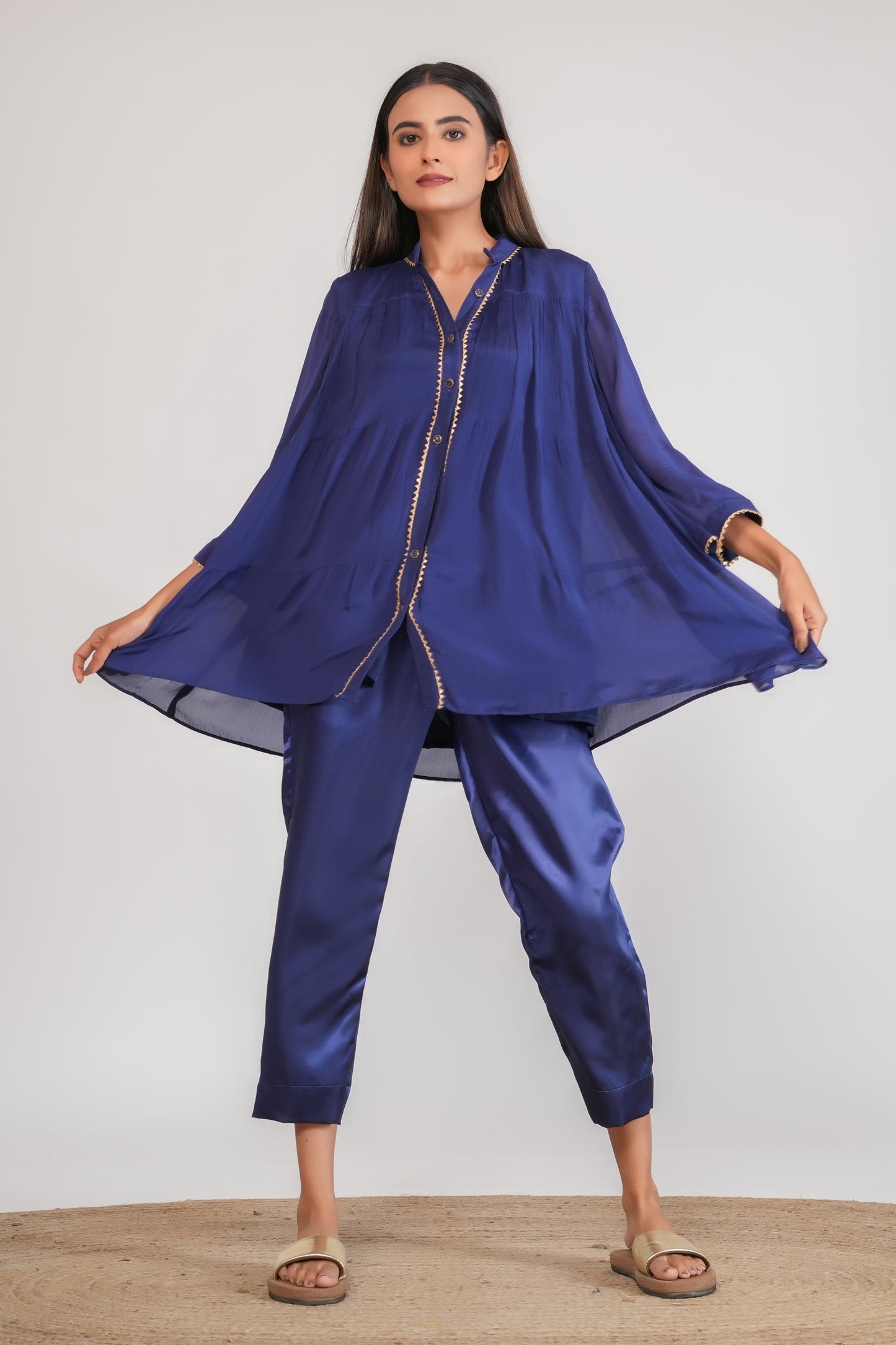 Blue Embellished Tiered Kurta with Pants