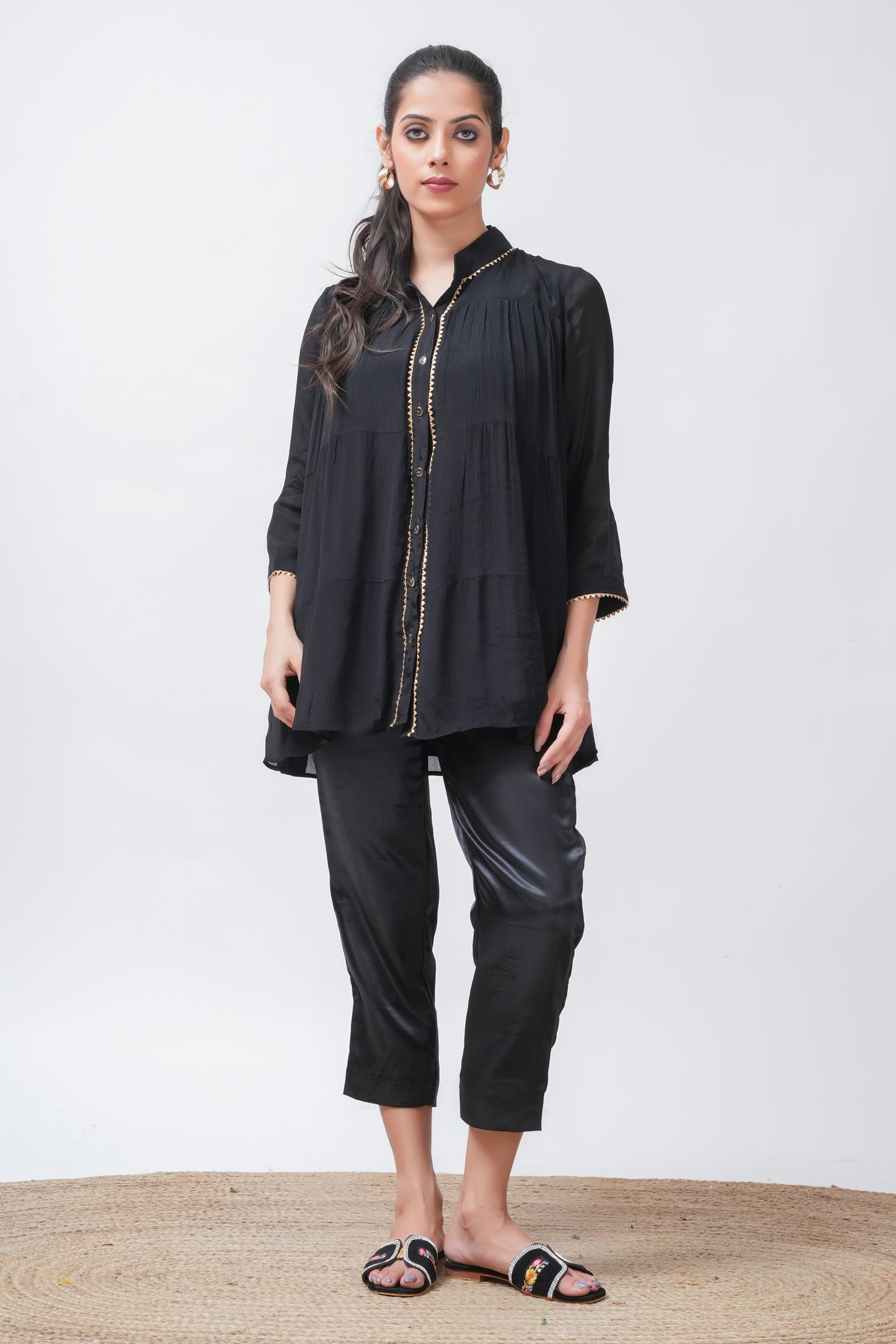 Black Embellished Tiered Kurta with Pants