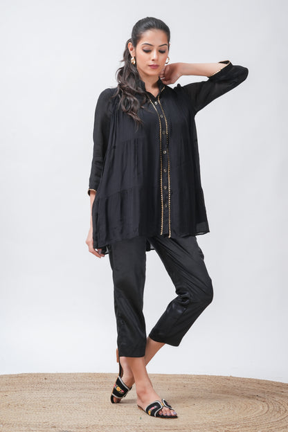 Black Embellished Tiered Kurta with Pants