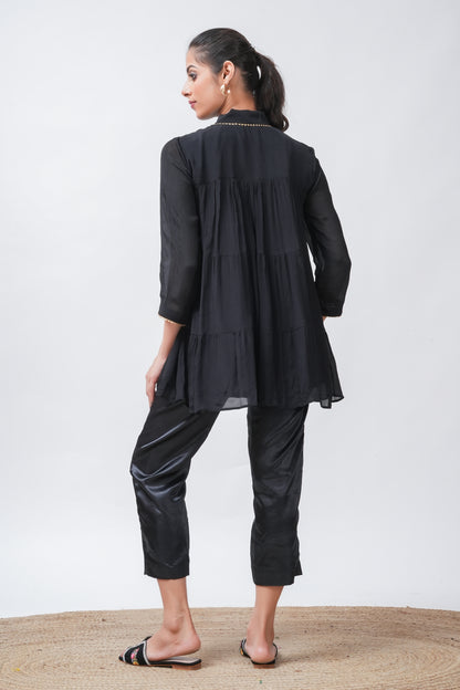 Black Embellished Tiered Kurta with Pants