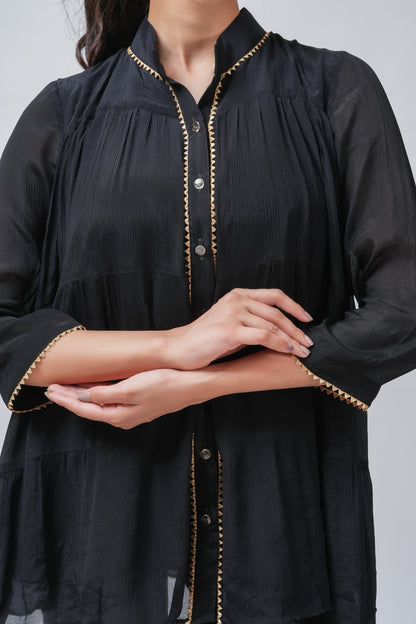 Black Embellished Tiered Kurta with Pants