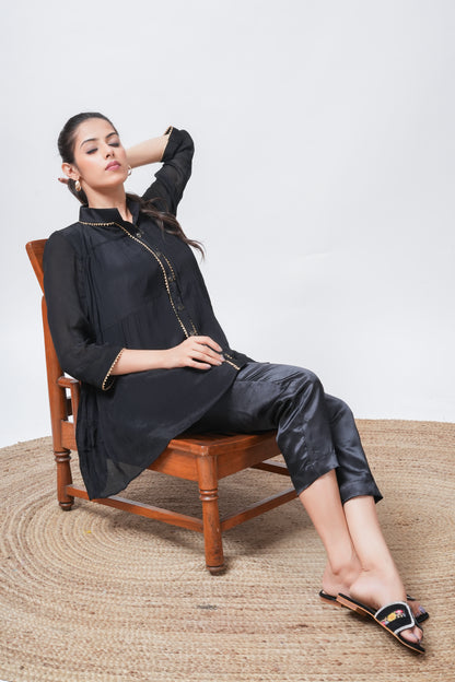 Black Embellished Tiered Kurta with Pants