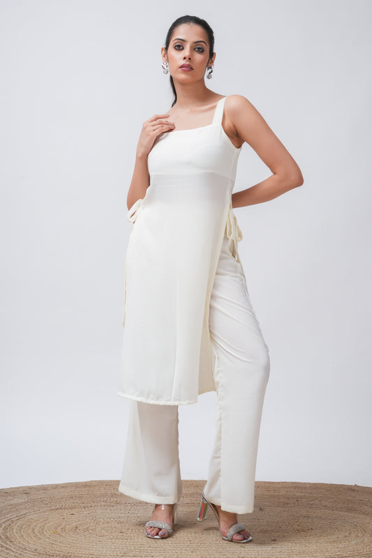 White Georgette Side Tie-up Kurta with Pants