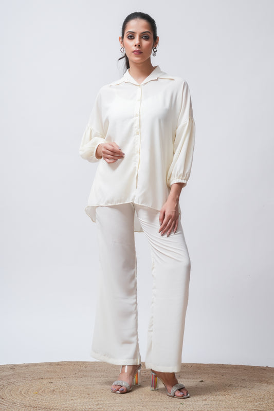 White Georgette Loose Fitted Shirt with Pants