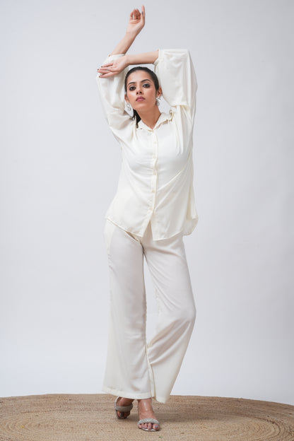 White Georgette Loose Fitted Shirt with Pants