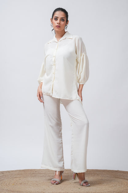 White Georgette Loose Fitted Shirt with Pants