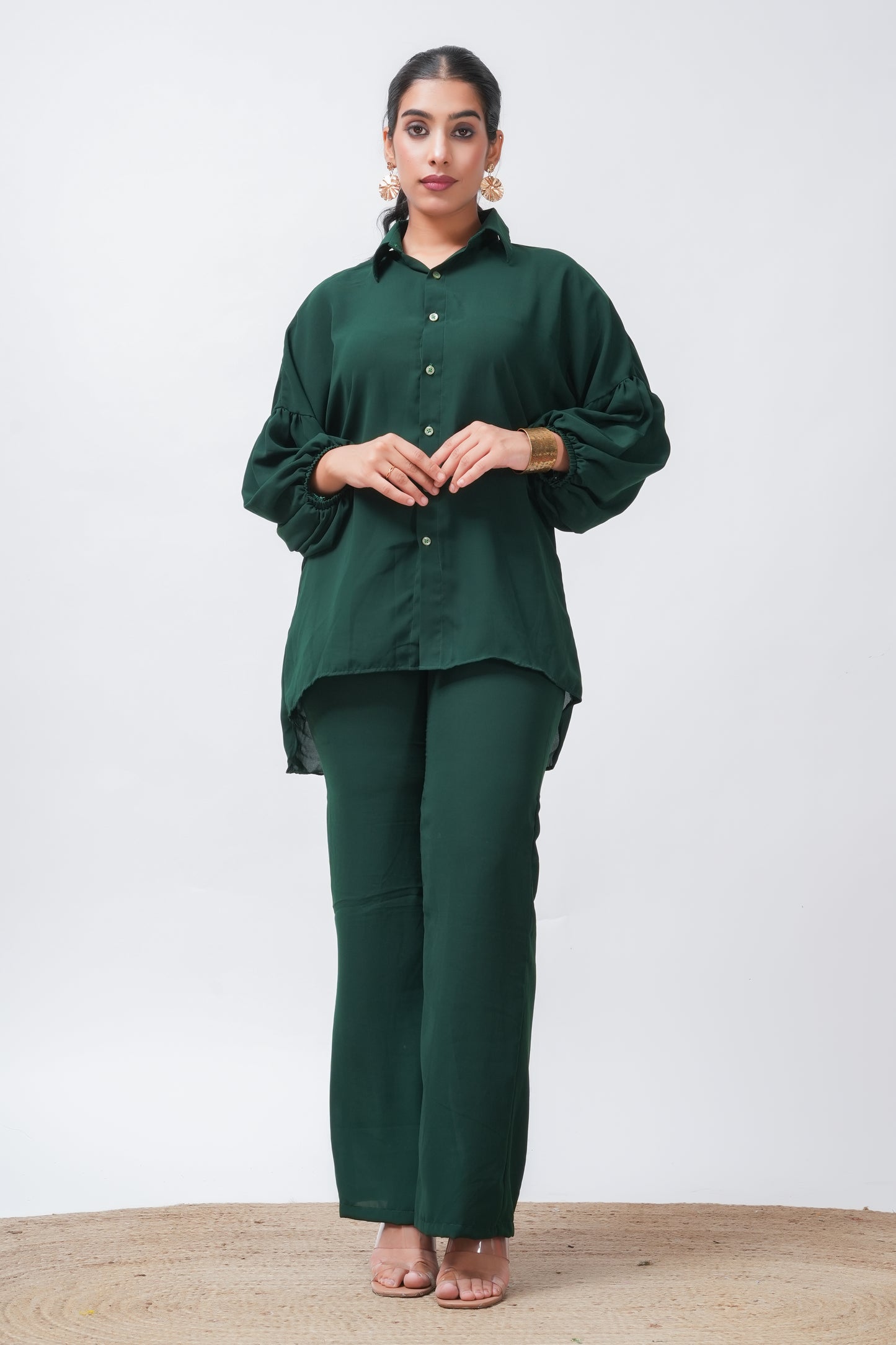 Green Georgette Loose Fitted Shirt with Pants