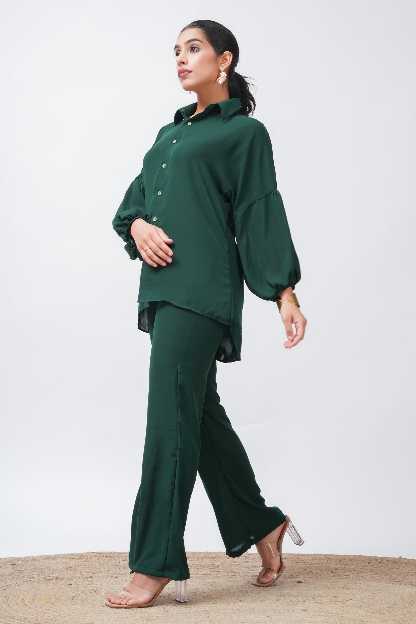 Green Georgette Loose Fitted Shirt with Pants