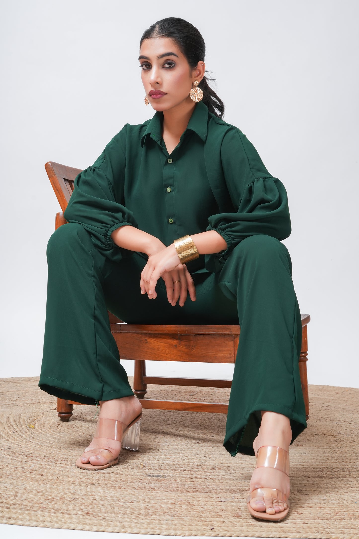 Green Georgette Loose Fitted Shirt with Pants