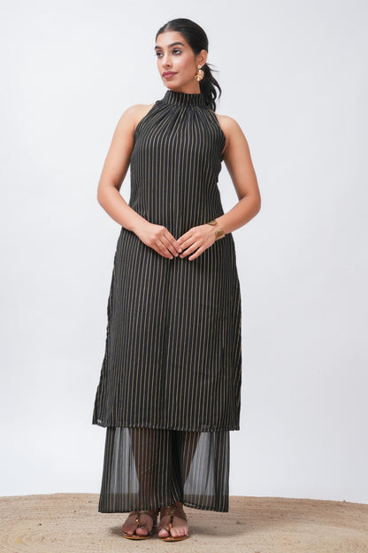 Black Georgette Lurex Halter Neck Kurta with Sharara