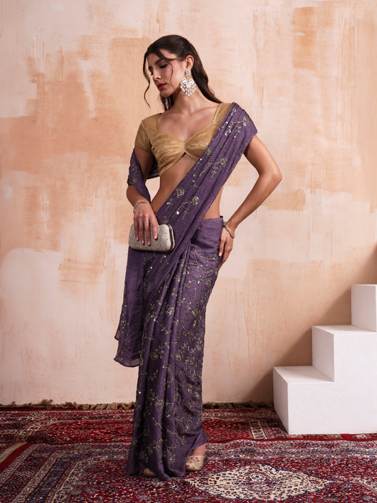 Cosimc Purple Cursh Embroidered Saree