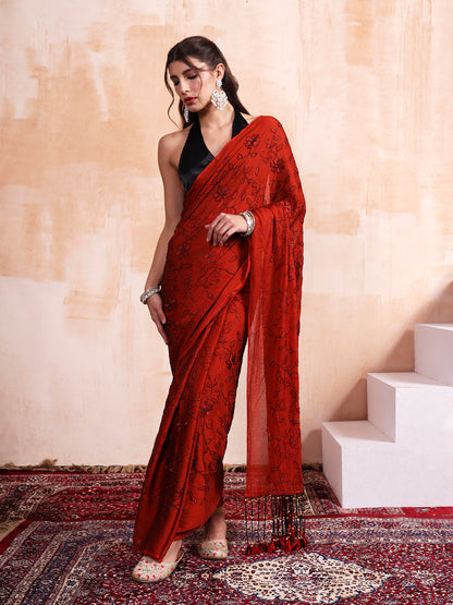 Ruby Red Ghungroo Latkan Embroidered Saree