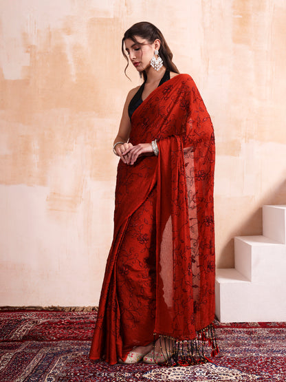 Ruby Red Ghungroo Latkan Embroidered Saree