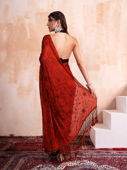 Ruby Red Ghungroo Latkan Embroidered Saree