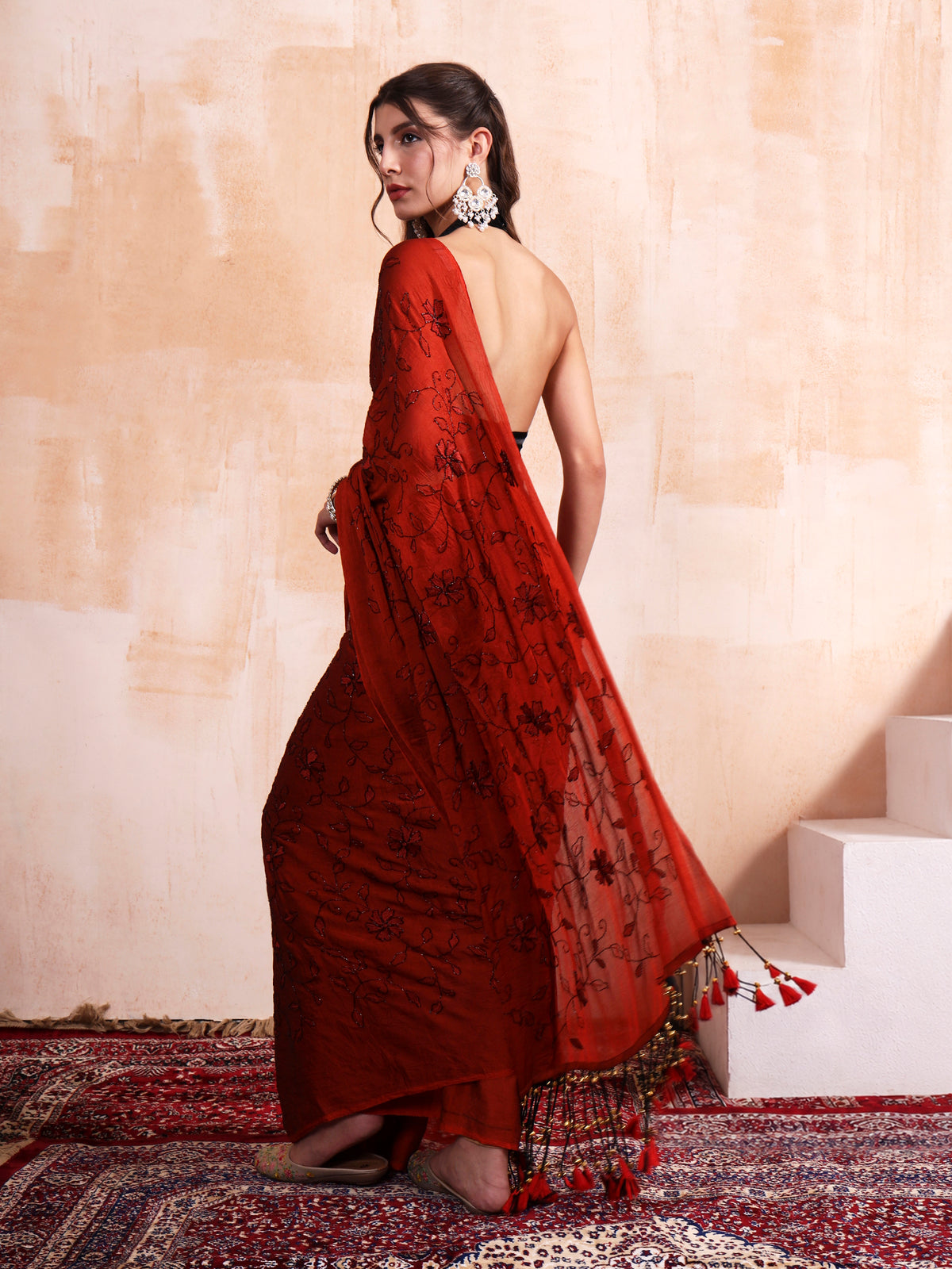 Ruby Red Ghungroo Latkan Embroidered Saree